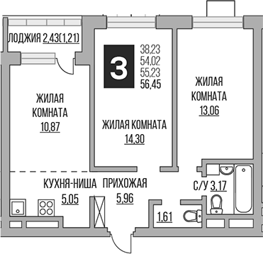 Планировка — Ильинойс, 3-комн., 54 м²