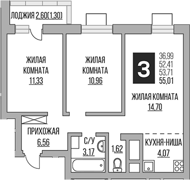 Планировка — Ильинойс, 3-комн., 52 м²
