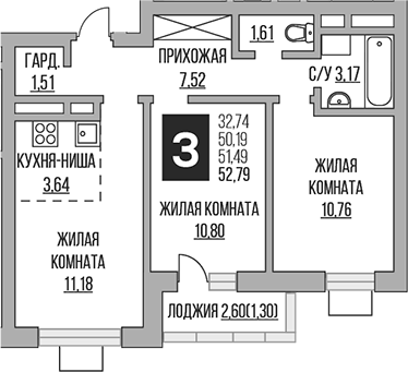 Планировка — Ильинойс, 3-комн., 50 м²
