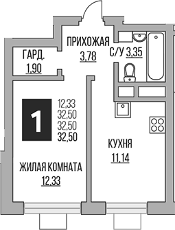 Планировка — Ильинойс, 1-комн., 33 м²