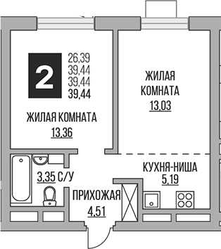 Планировка — Ильинойс, 2-комн., 39 м²
