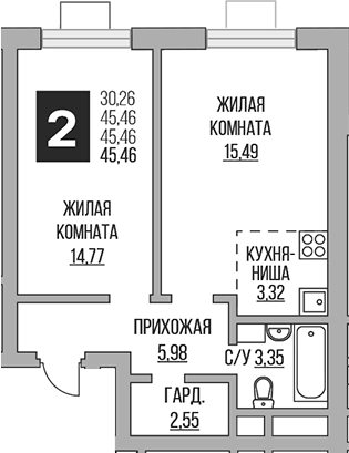 Планировка — Ильинойс, 2-комн., 45 м²