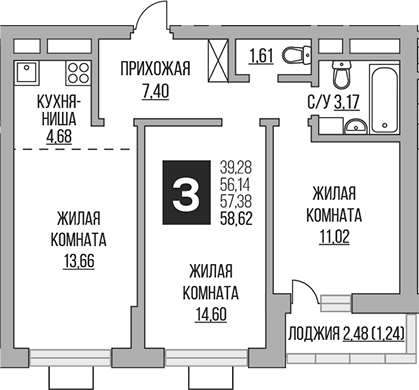 Планировка — Ильинойс, 3-комн., 56 м²