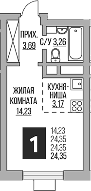 Планировка — Ильинойс, Студия, 24 м²