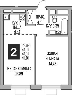 Планировка — Ильинойс, 2-комн., 41 м²