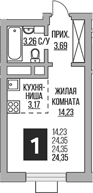 Планировка — Ильинойс, Студия, 24 м²