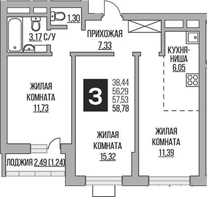 Планировка — Ильинойс, 3-комн., 56 м²