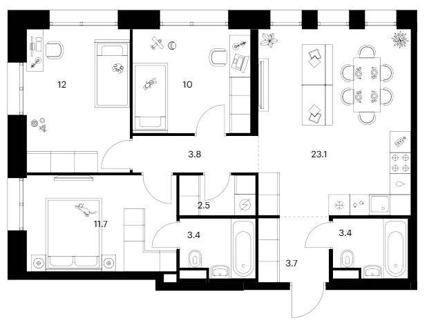 Планировка — Строгино 360, 3-комн., 74 м²