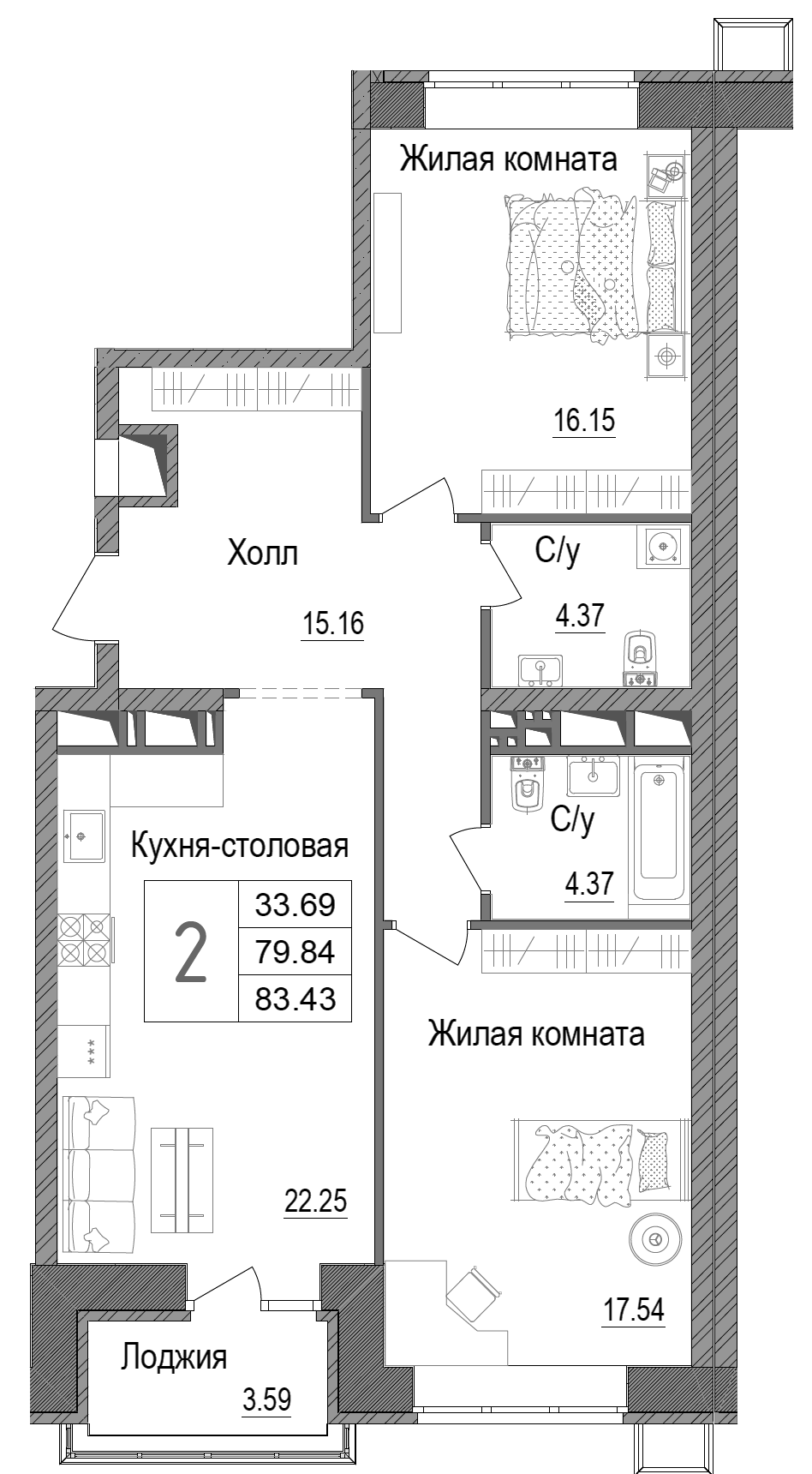 Планировка — АРТ, 2-комн., 80 м²