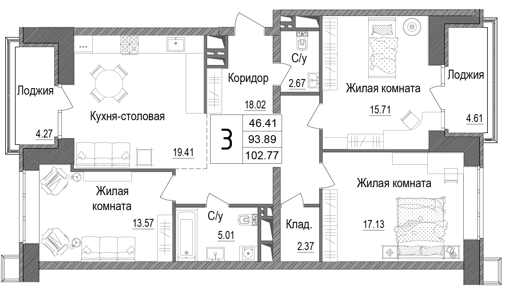 Планировка — АРТ, 3-комн., 96 м²