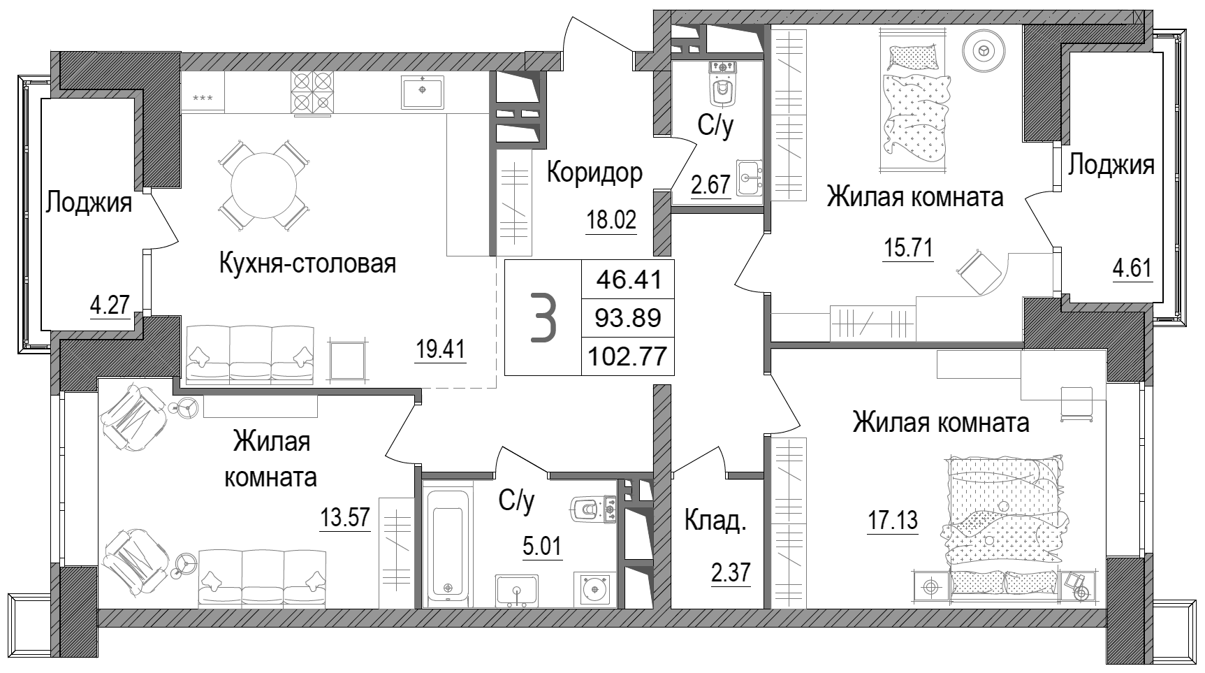 Планировка — АРТ, 3-комн., 94 м²