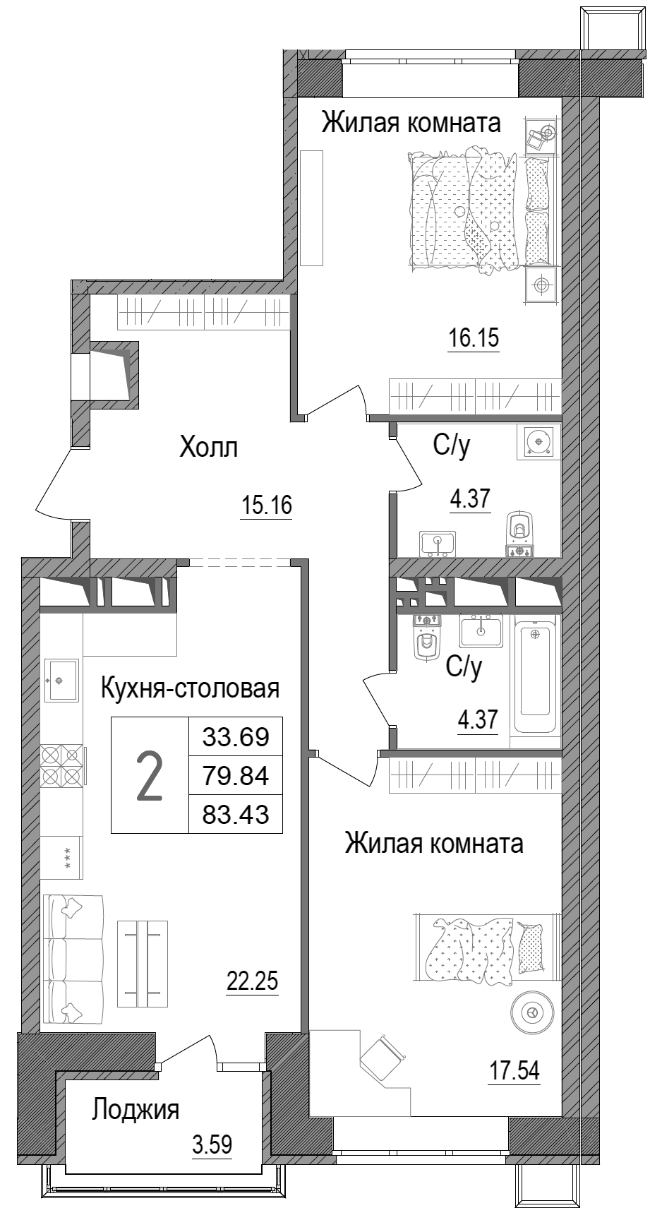 Планировка — АРТ, 2-комн., 80 м²