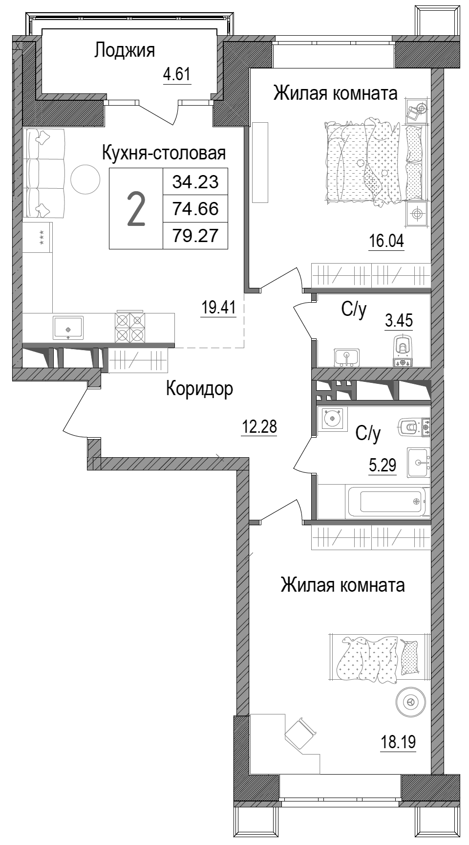 Планировка — АРТ, 2-комн., 75 м²