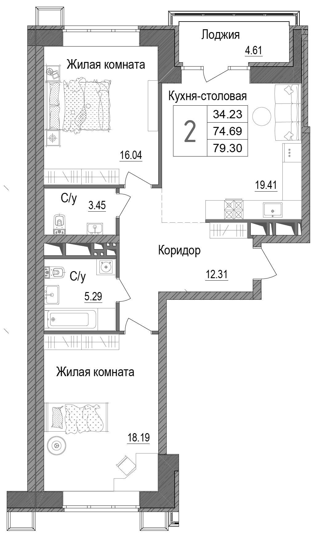 Планировка — АРТ, 2-комн., 75 м²