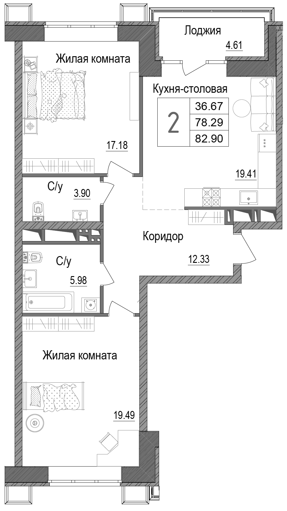 Планировка — АРТ, 2-комн., 78 м²
