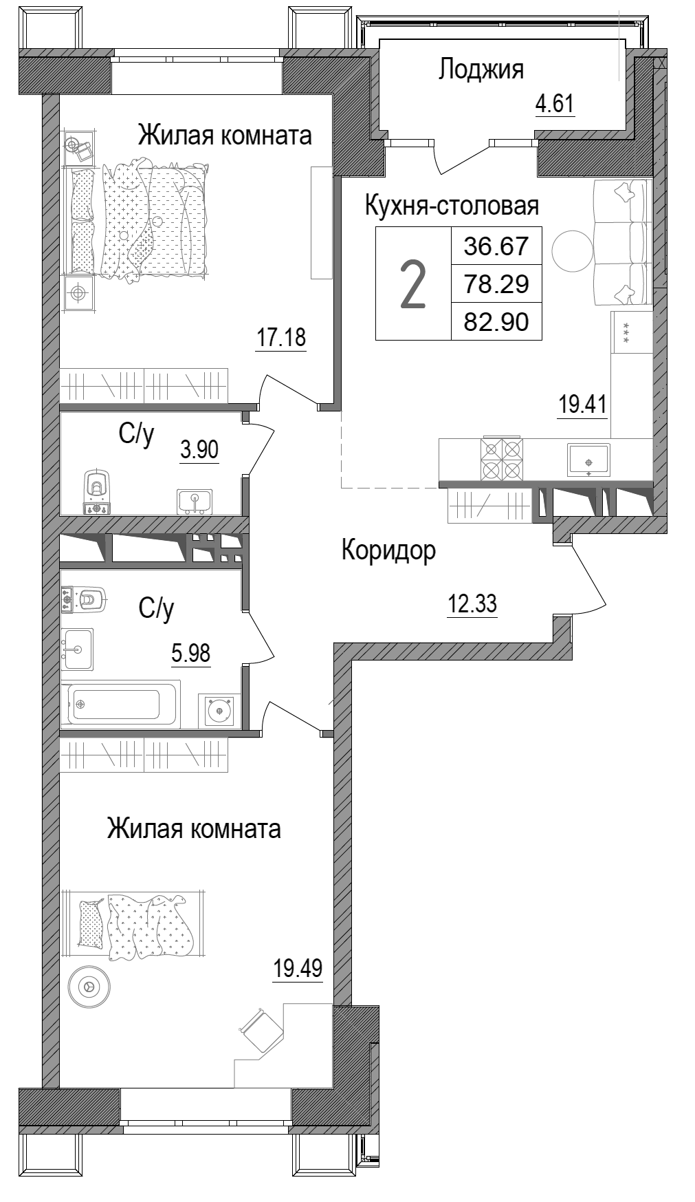 Планировка — АРТ, 2-комн., 78 м²