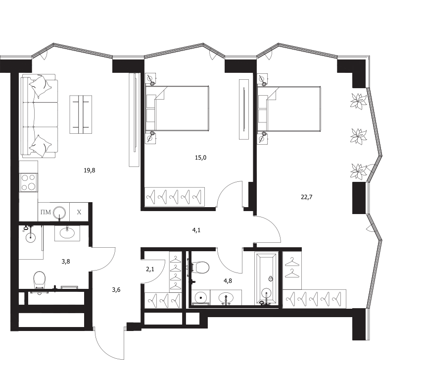Планировка — A. Residence, 3-комн., 76 м²