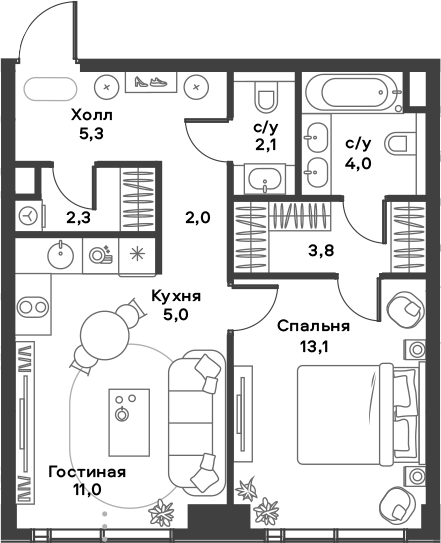 Планировка — ALIA, 2-комн., 49 м²