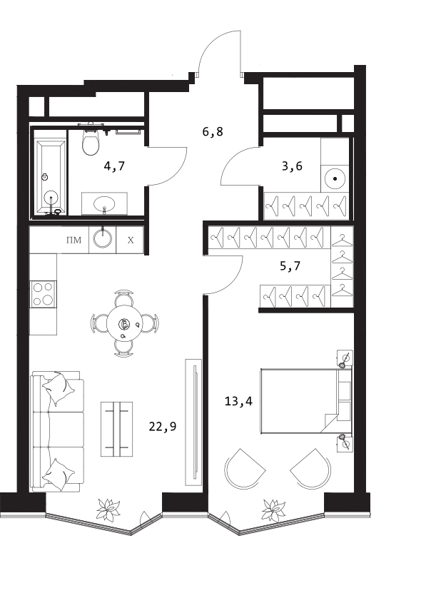 Планировка — A. Residence, 2-комн., 57 м²