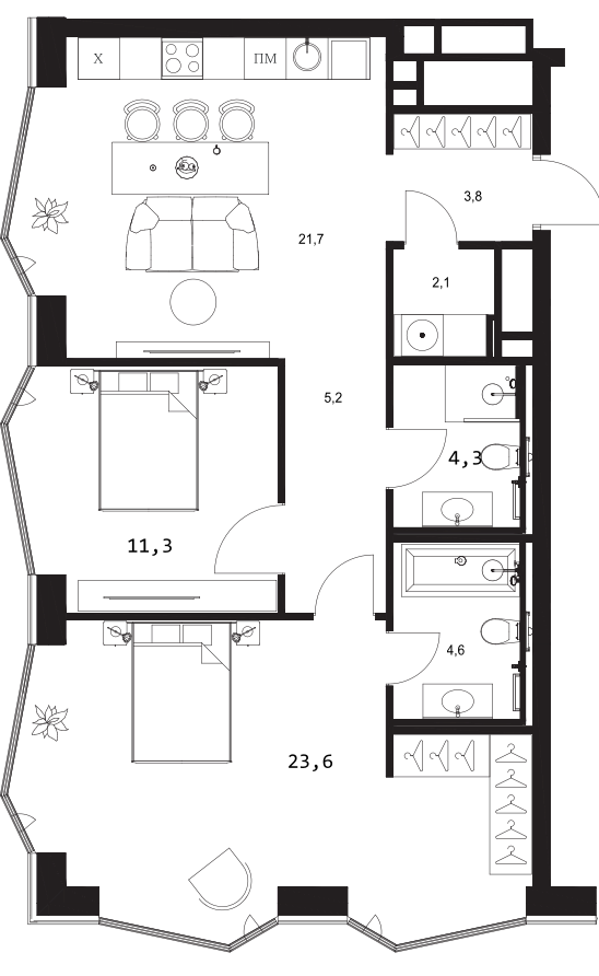 Планировка — A. Residence, 3-комн., 77 м²