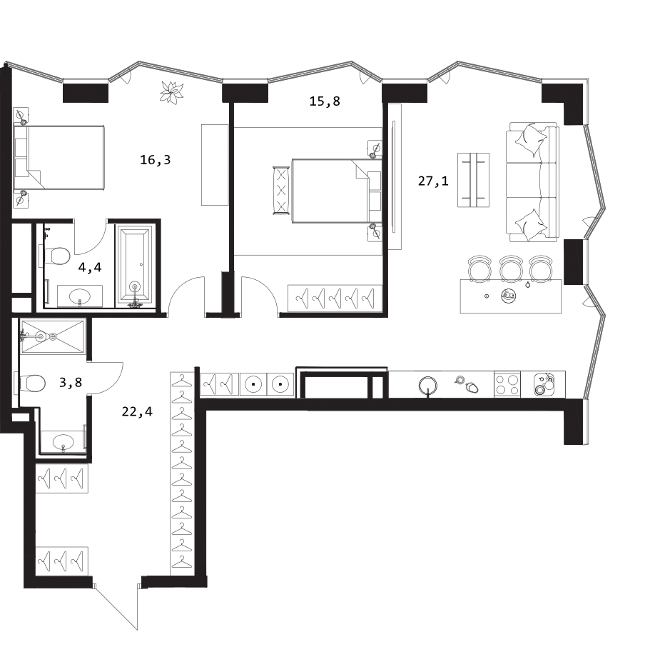Планировка — A. Residence, 3-комн., 90 м²