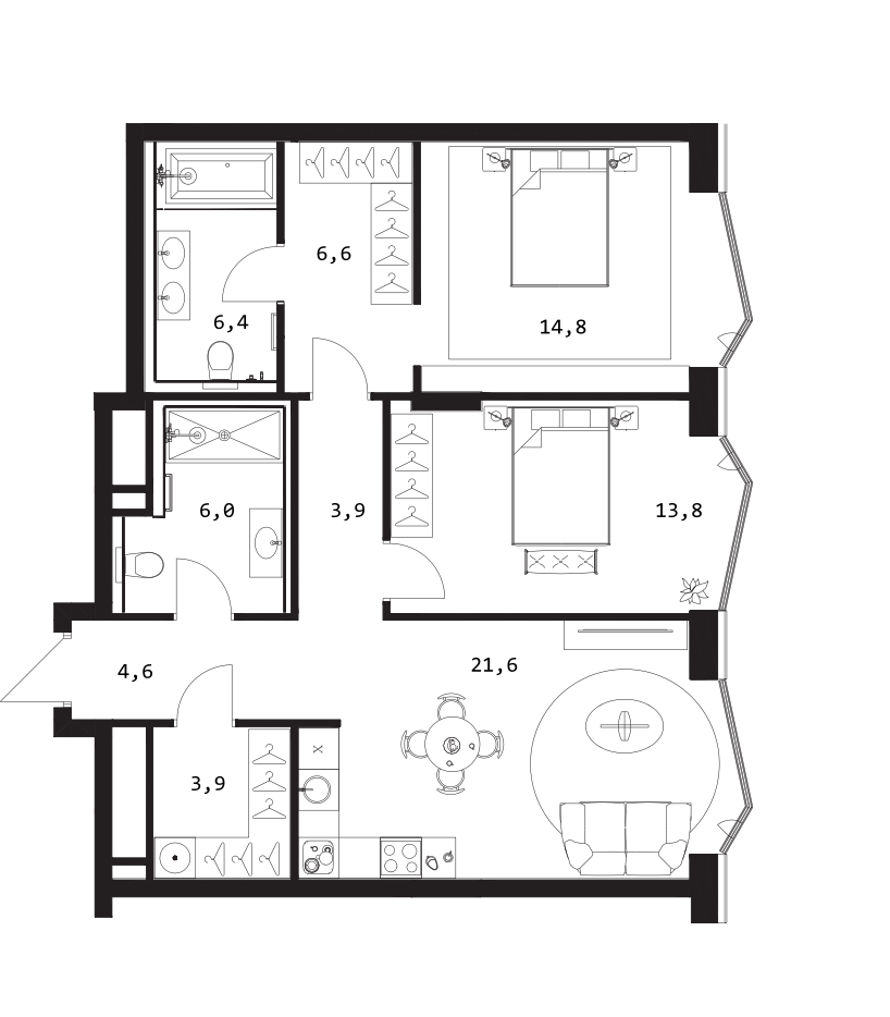 Планировка — A. Residence, 3-комн., 82 м²