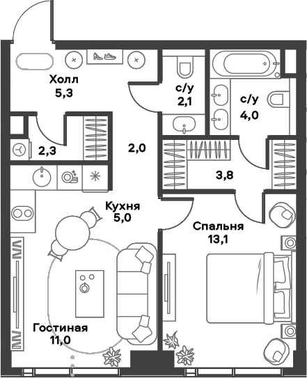 Планировка — ALIA, 2-комн., 49 м²