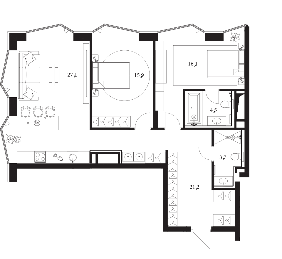 Планировка — A. Residence, 3-комн., 89 м²