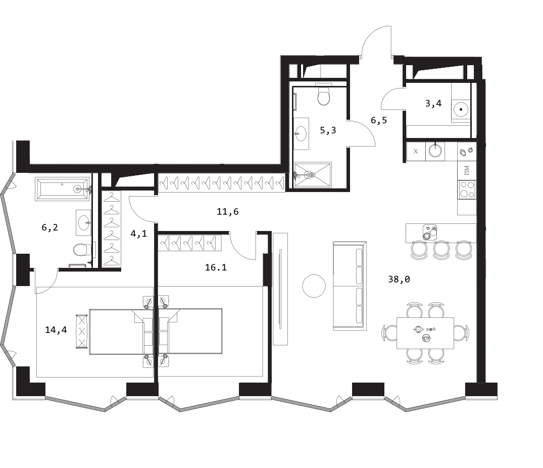 Планировка — A. Residence, 3-комн., 106 м²