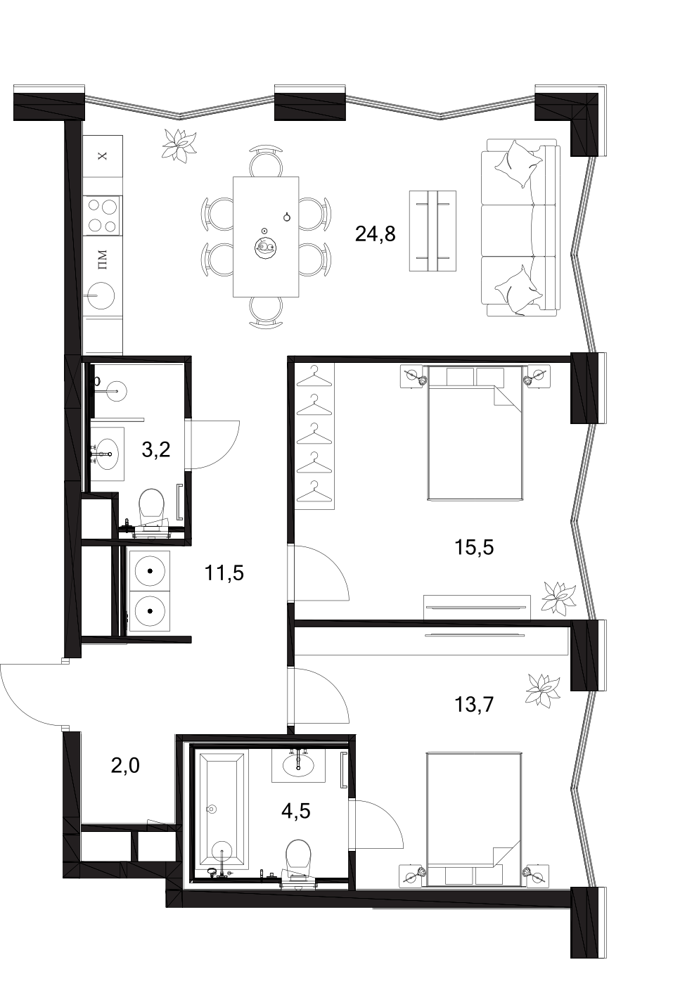 Планировка — A. Residence, 3-комн., 75 м²