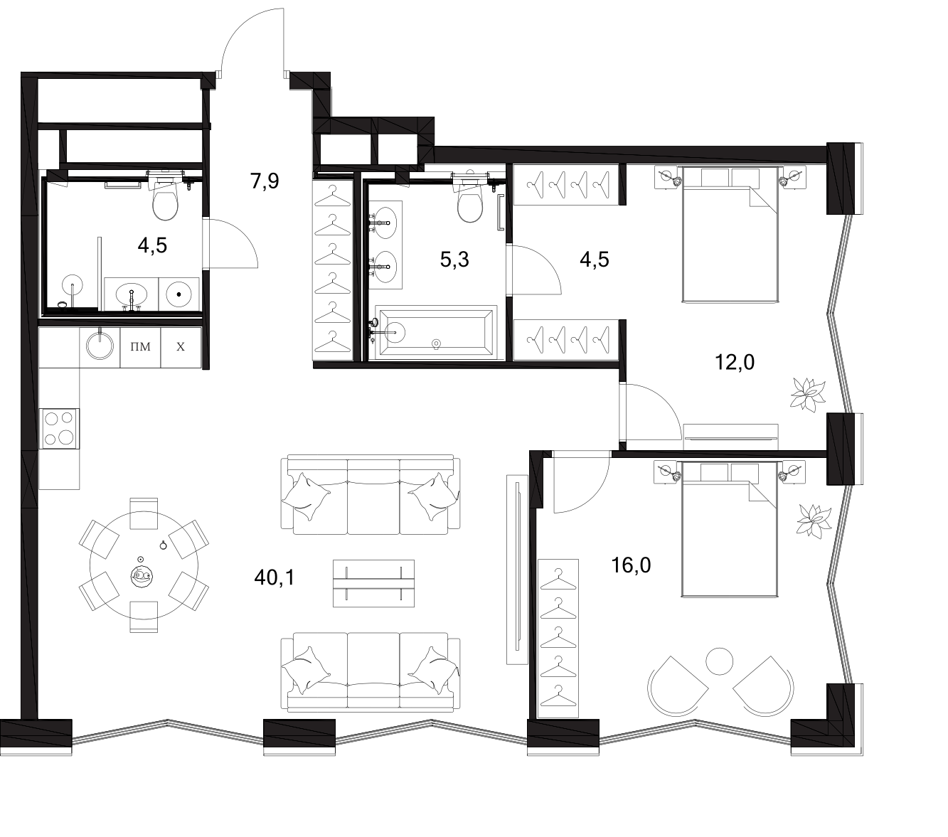 Планировка — A. Residence, 3-комн., 90 м²