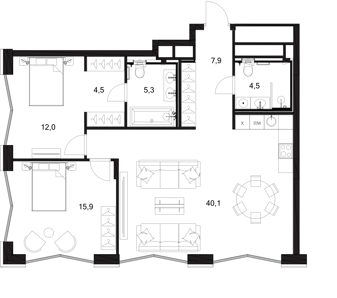 Планировка — A. Residence, 3-комн., 90 м²