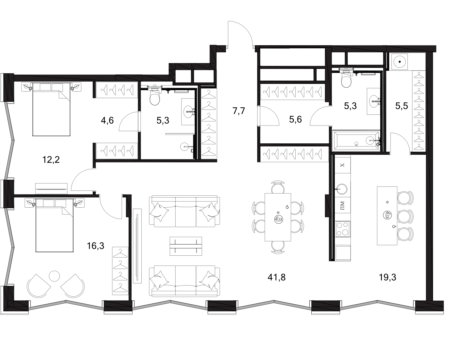Планировка — A. Residence, 3-комн., 124 м²