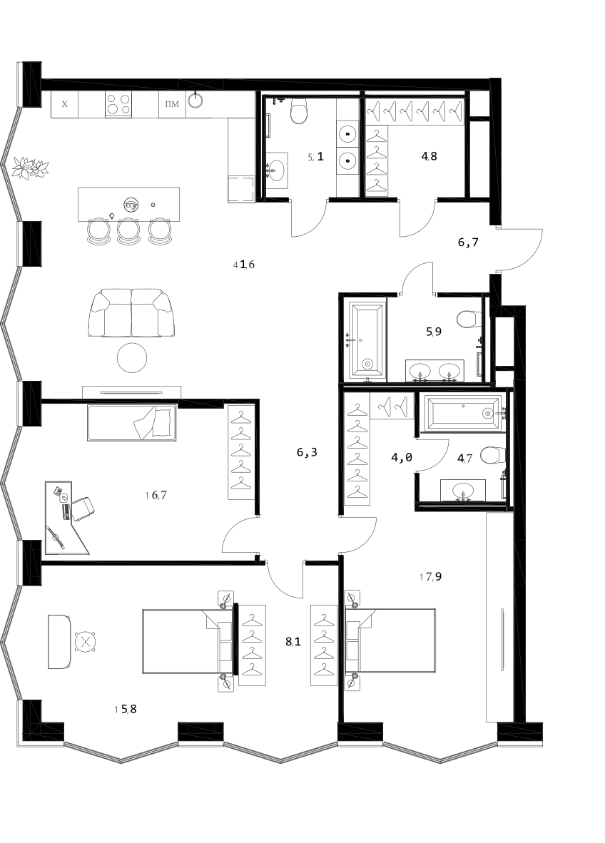 Планировка — A. Residence, 4-комн., 138 м²