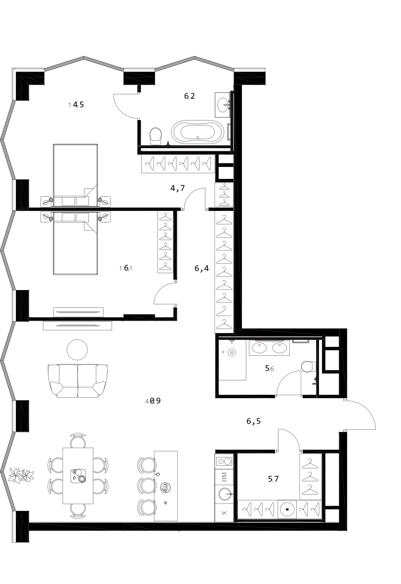 Планировка — A. Residence, 3-комн., 107 м²