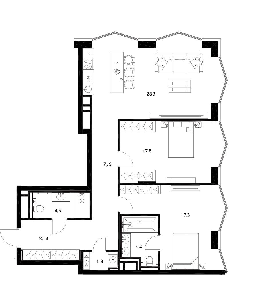 Планировка — A. Residence, 3-комн., 93 м²
