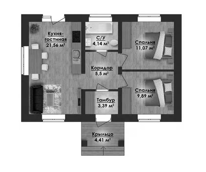 Планировка — Коттеджный поселок ВамДом Пятница, 2-комн., 59 м²
