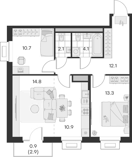Планировка — Михалевич, 3-комн., 68 м²
