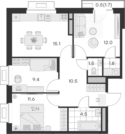 Планировка — Михалевич, 3-комн., 66 м²
