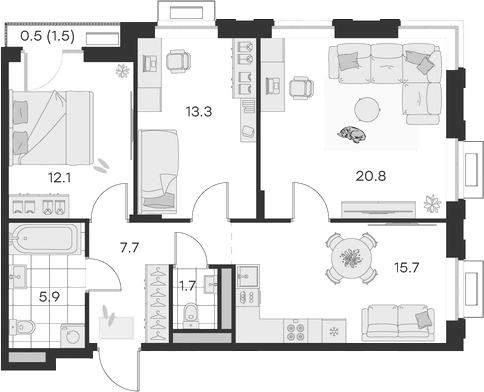 Планировка — Михалевич, 3-комн., 77 м²