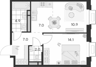 Планировка — Михалевич, 2-комн., 46 м²