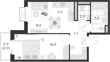 Планировка — Михалевич, 2-комн., 46 м²