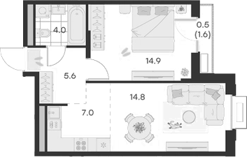 Планировка — Михалевич, 2-комн., 46 м²