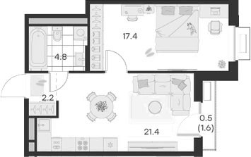 Планировка — Михалевич, 1-комн., 46 м²