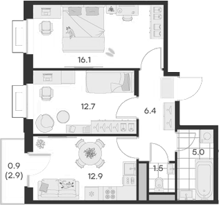 Планировка — Михалевич, 2-комн., 55 м²