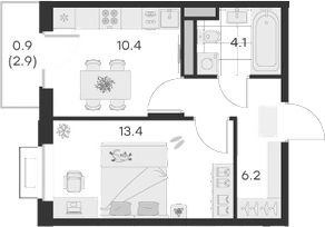 Планировка — Михалевич, 1-комн., 34 м²