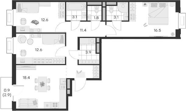 Планировка — Михалевич, 3-комн., 83 м²
