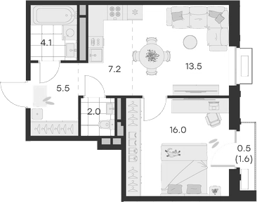 Планировка — Михалевич, 2-комн., 48 м²