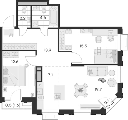 Планировка — Михалевич, 3-комн., 76 м²