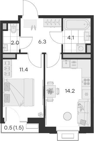 Планировка — Михалевич, 1-комн., 38 м²